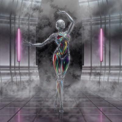 The primary subject of the image is a woman in a futuristic outfit, possibly a robot or an android, standing in a room with a foggy atmosphere. The setting includes a doorway and a wall, which adds to the overall ambiance of the scene. The visual style of the image is digital art, as it appears to be a computer-generated or digitally rendered image. The colors and mood of the image are predominantly dark and moody, with the foggy atmosphere contributing to the overall atmosphere of the scene.